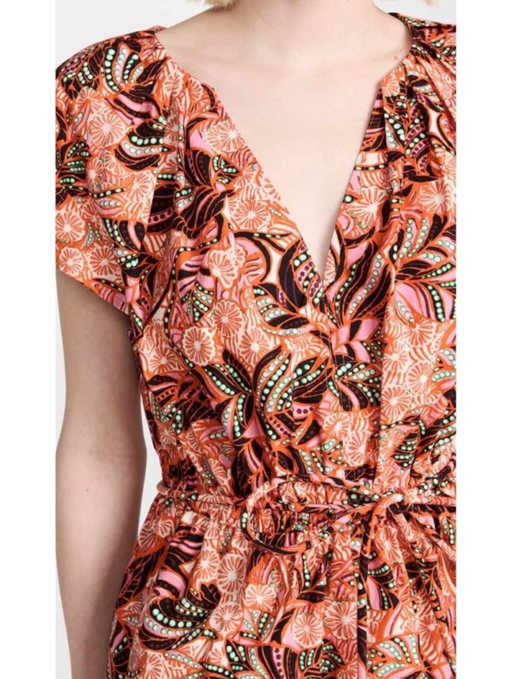 A.L.C. Alice dress orange-Pink Print V-Neck Drawstring Mini Dress size 4 - Picture 3 of 11